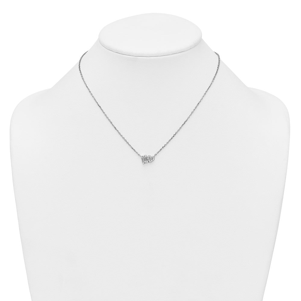 Sterling Silver RH-plated CZ Heart/Rectangle 16in w/2in Ext Necklace