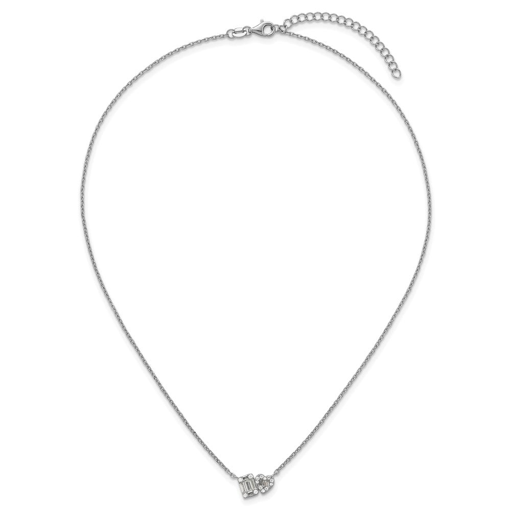 Sterling Silver RH-plated CZ Heart/Rectangle 16in w/2in Ext Necklace