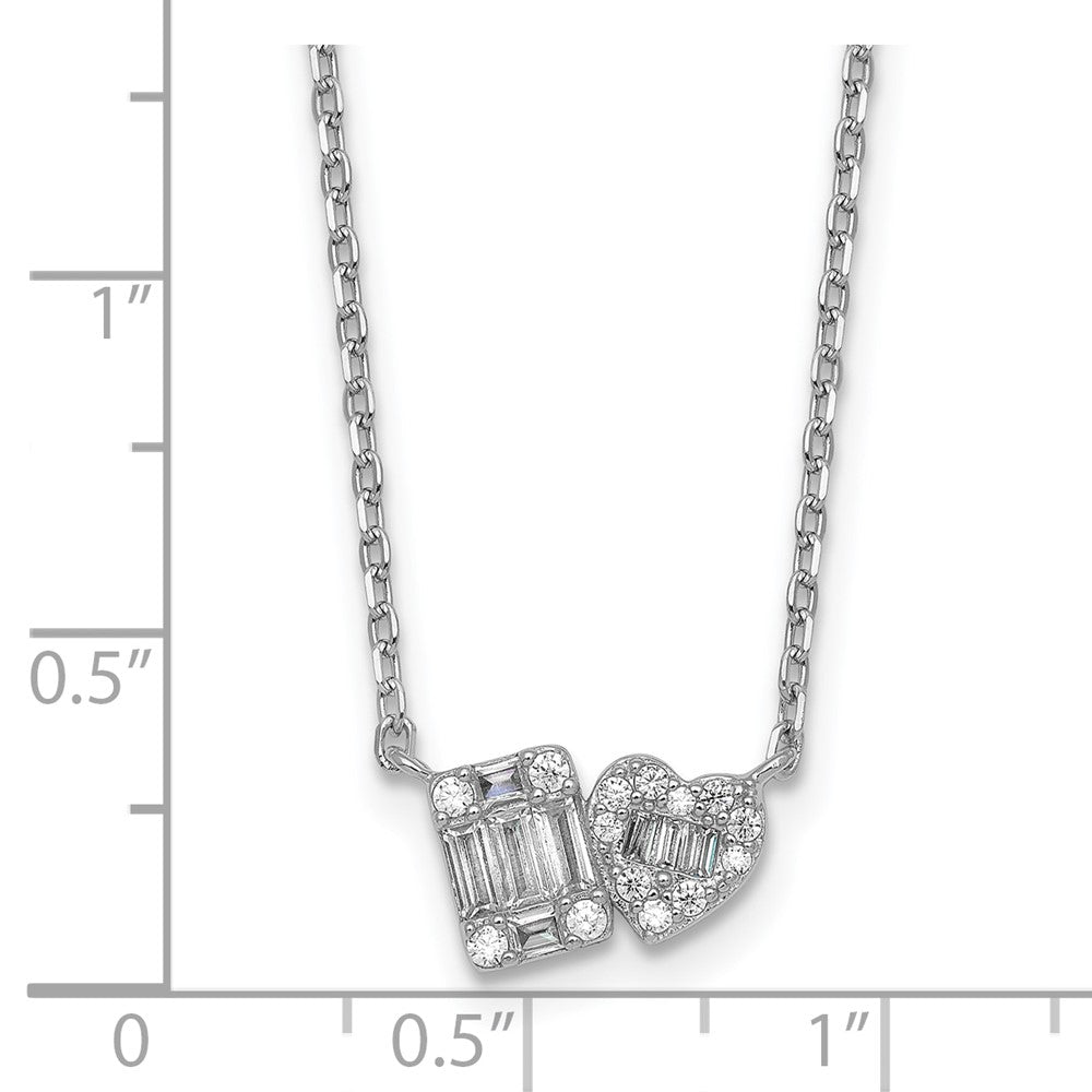 Sterling Silver RH-plated CZ Heart/Rectangle 16in w/2in Ext Necklace