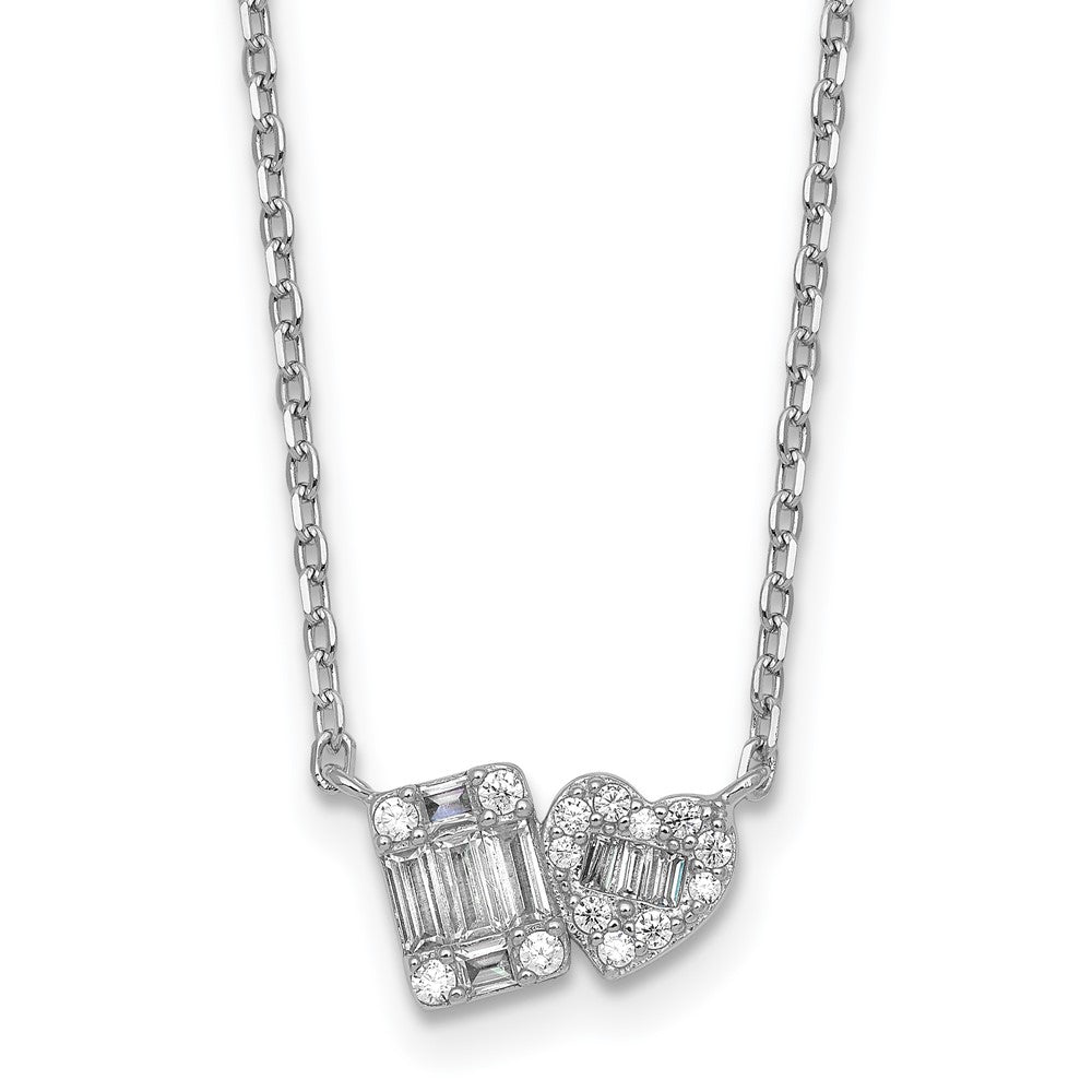 Sterling Silver RH-plated CZ Heart/Rectangle 16in w/2in Ext Necklace