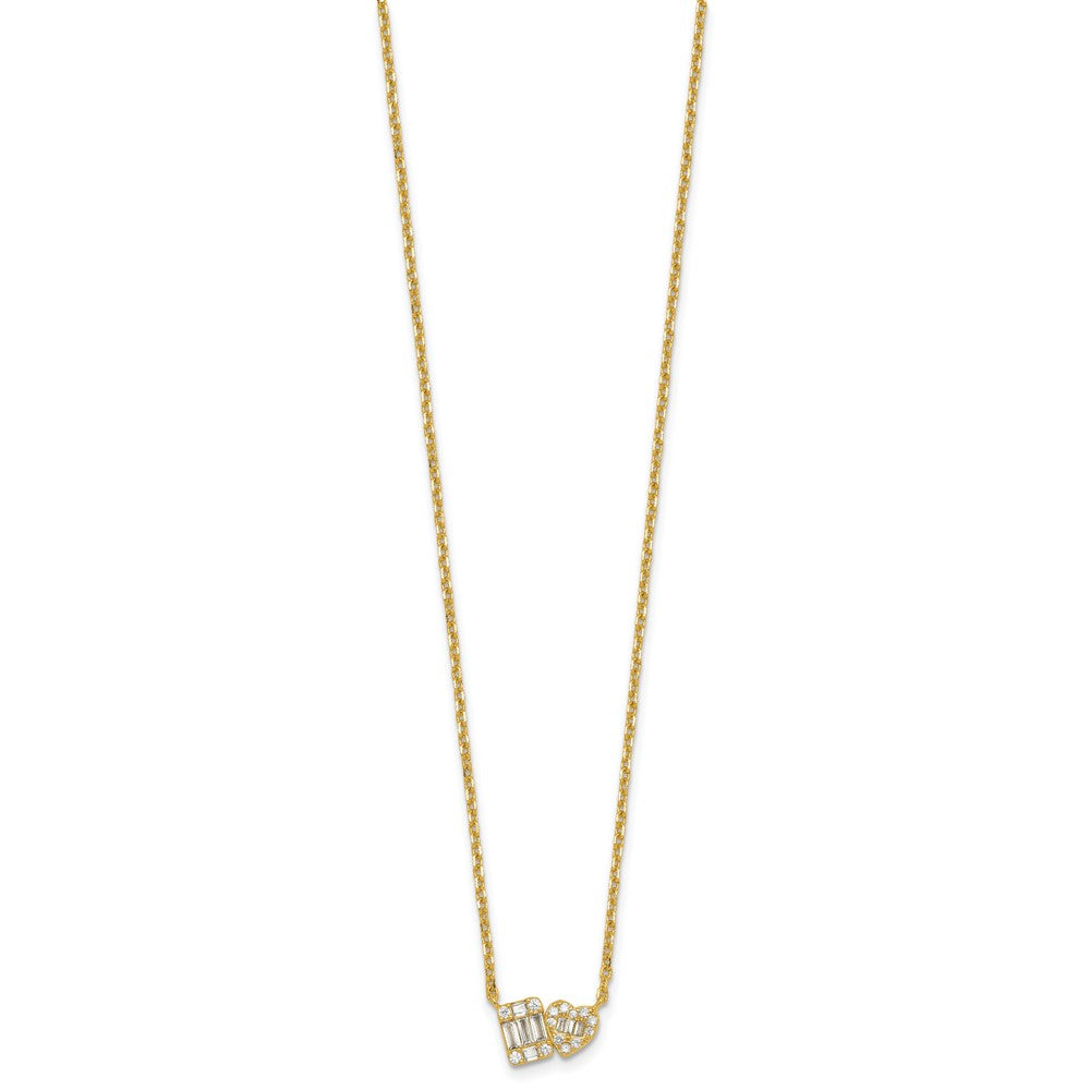 Sterling Silver Gold-tone Polished CZ Heart 16in w/2in Ext Necklace