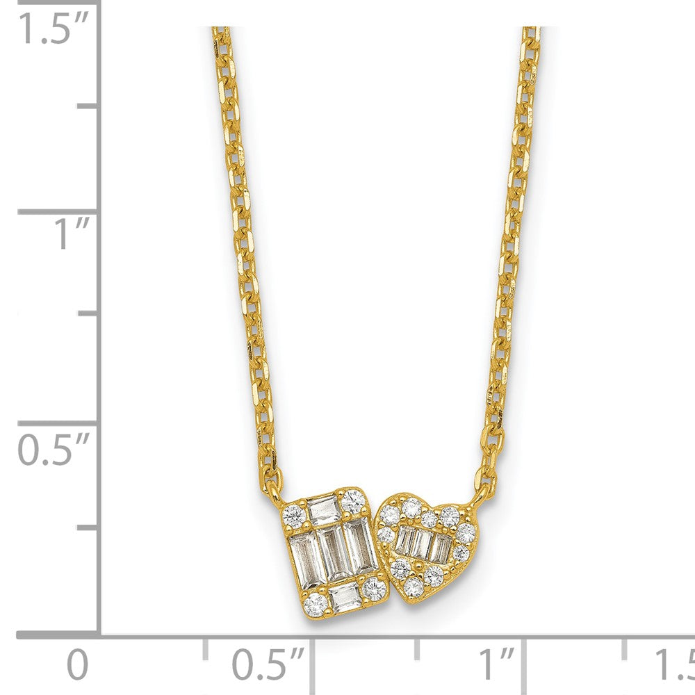 Sterling Silver Gold-tone Polished CZ Heart 16in w/2in Ext Necklace
