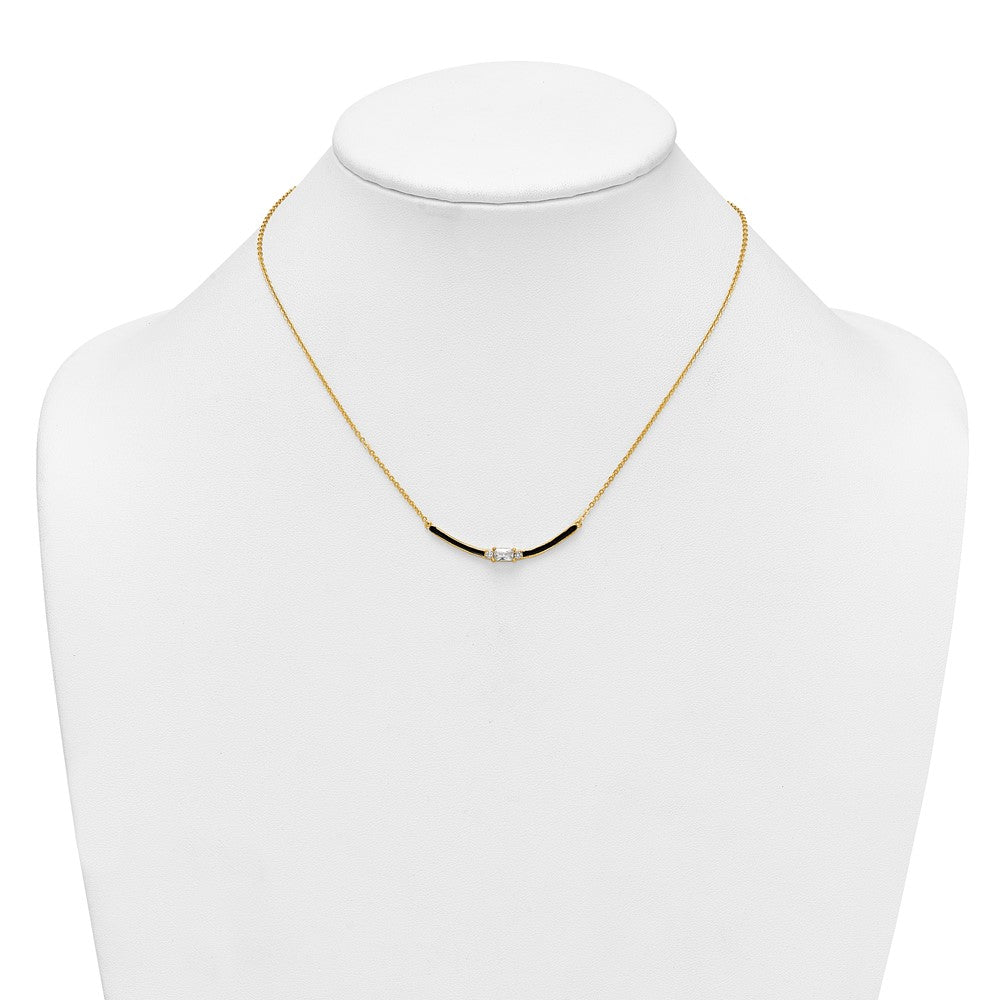 Sterling Silver Gold-tone Black Enameled and CZ 16in w/ 2in Ext Necklace
