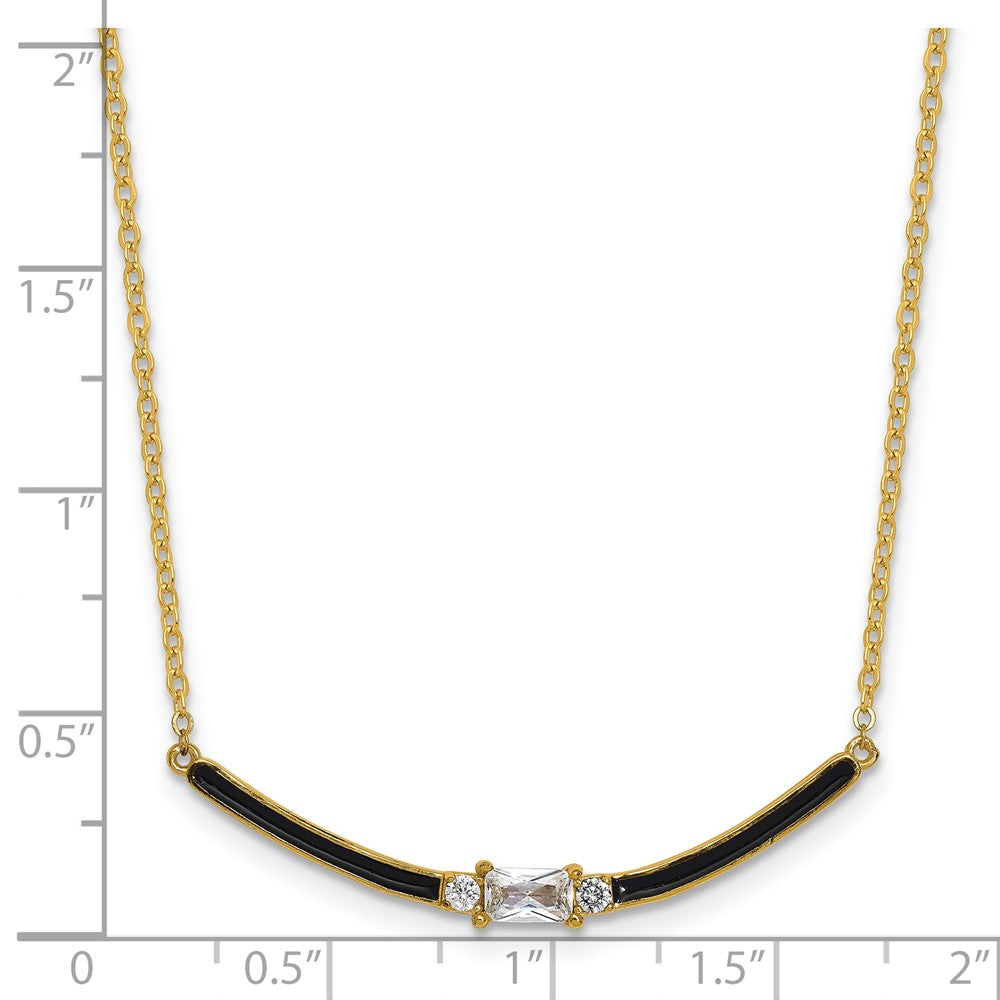 Sterling Silver Gold-tone Black Enameled and CZ 16in w/ 2in Ext Necklace