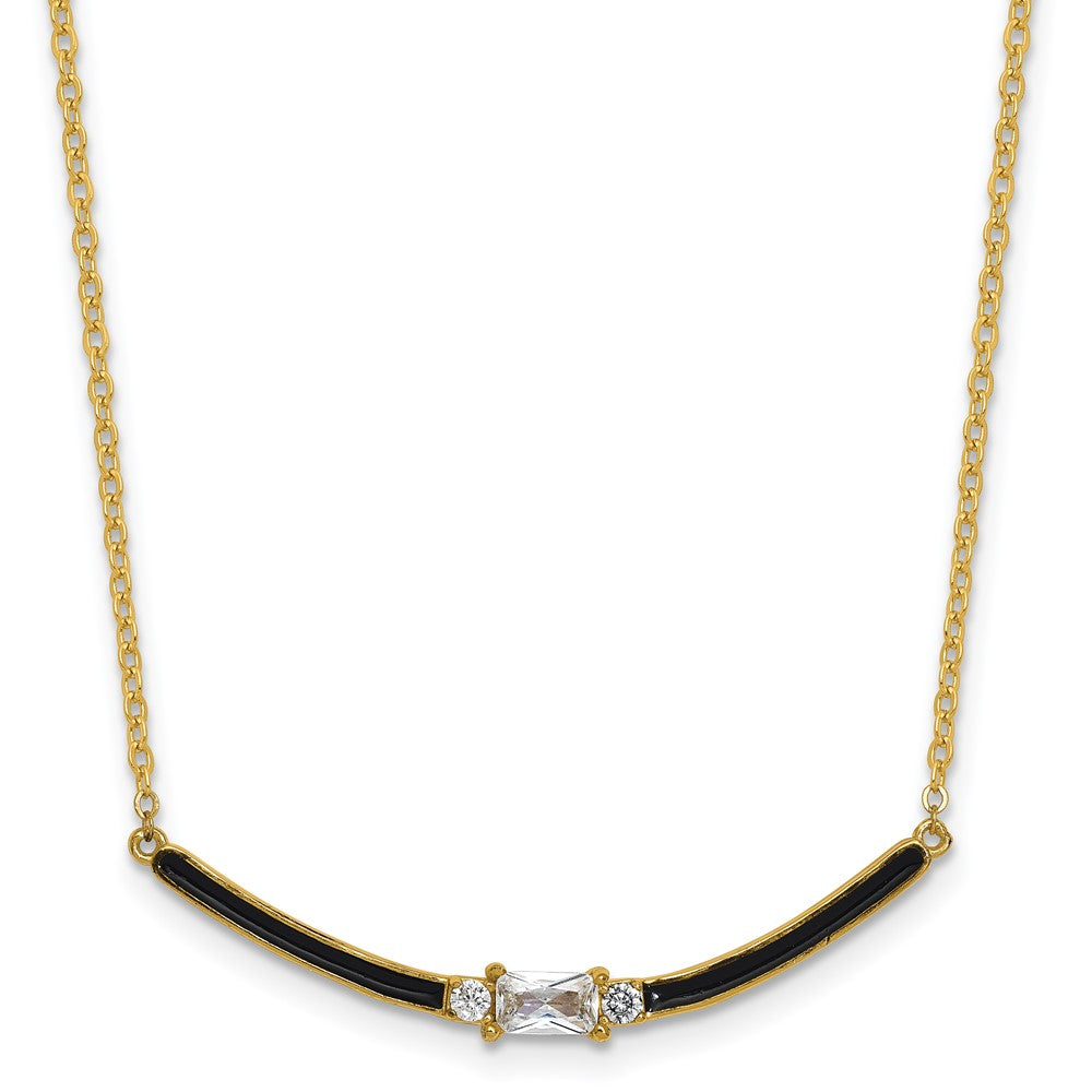 Sterling Silver Gold-tone Black Enameled and CZ 16in w/ 2in Ext Necklace