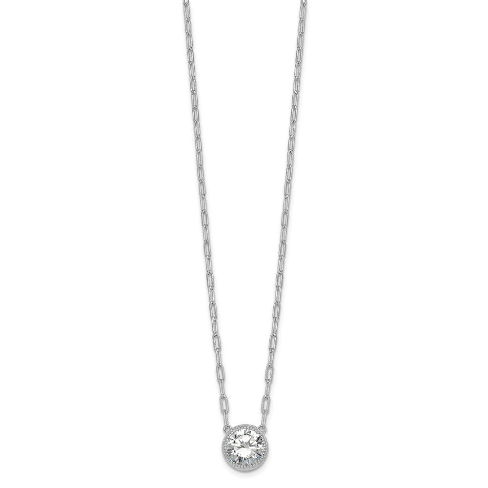 SSilver RH-pl Polished CZ Paperclip Chain Circle w/2in Ext Necklace