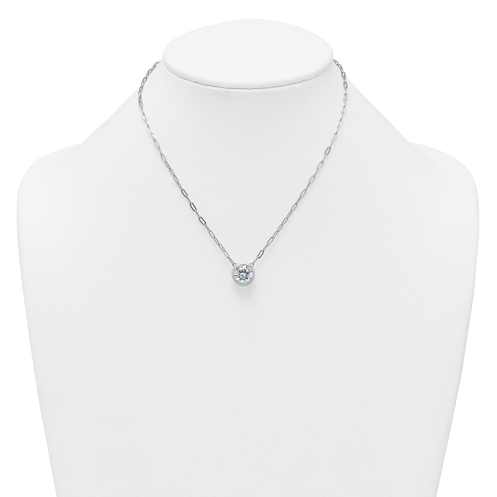 SSilver RH-pl Polished CZ Paperclip Chain Circle w/2in Ext Necklace
