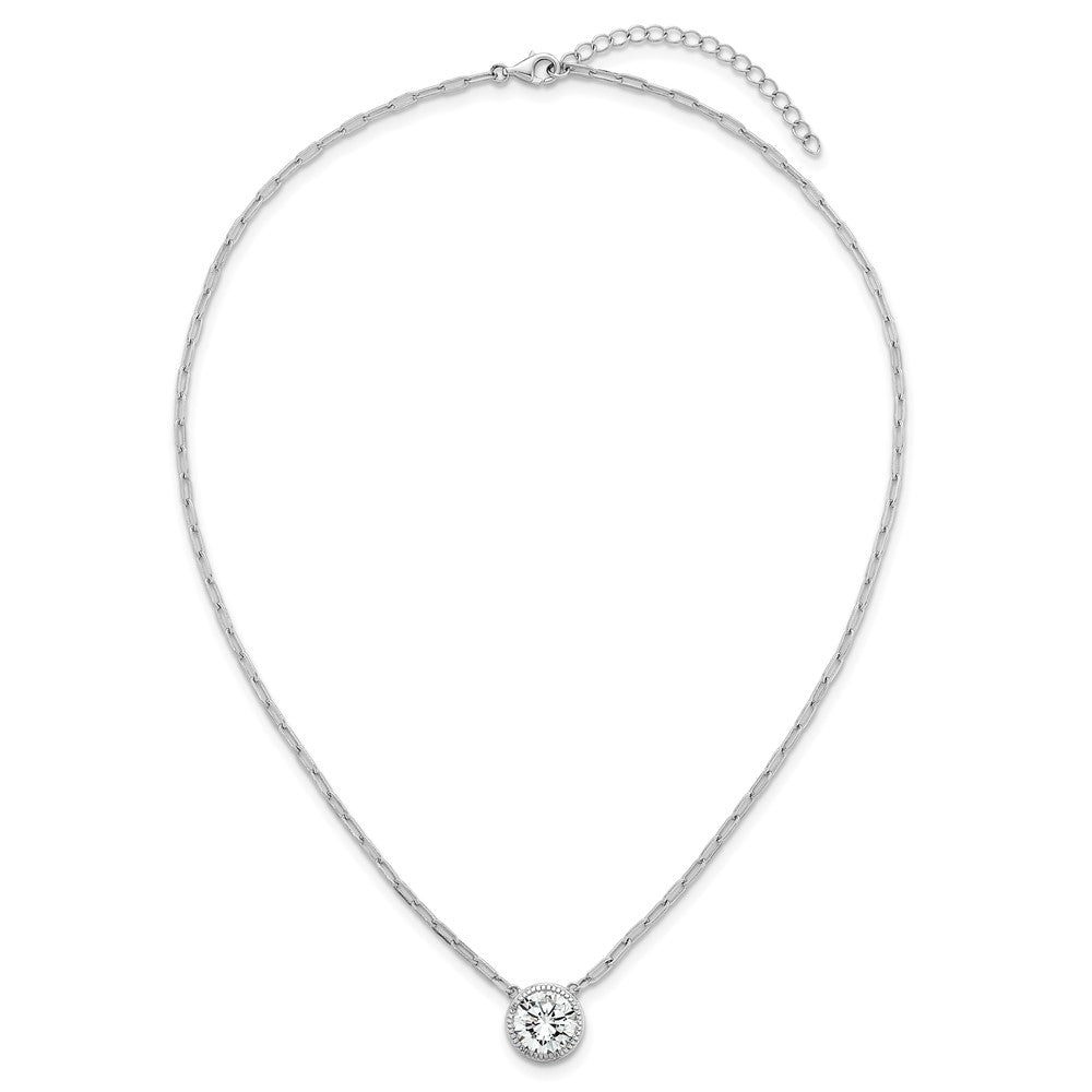 SSilver RH-pl Polished CZ Paperclip Chain Circle w/2in Ext Necklace