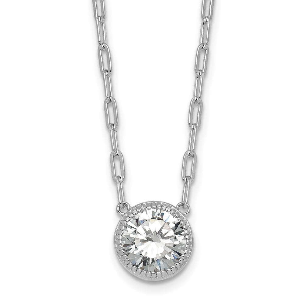 SSilver RH-pl Polished CZ Paperclip Chain Circle w/2in Ext Necklace