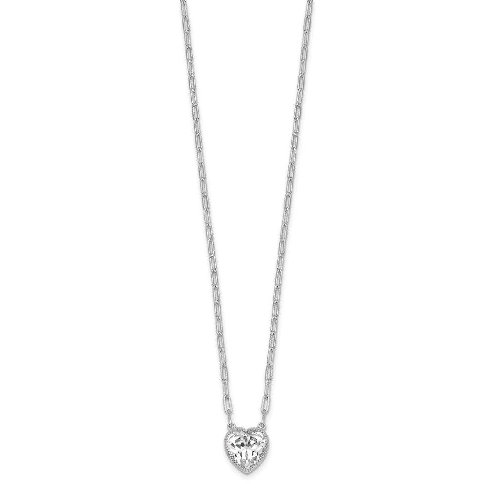 SSilver RH-pl Polished CZ Paperclip Chain Heart w/1.75in Ext Necklace