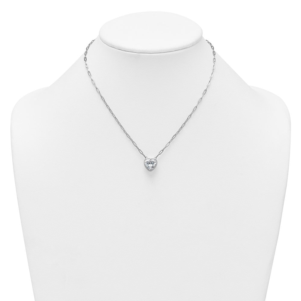 SSilver RH-pl Polished CZ Paperclip Chain Heart w/1.75in Ext Necklace