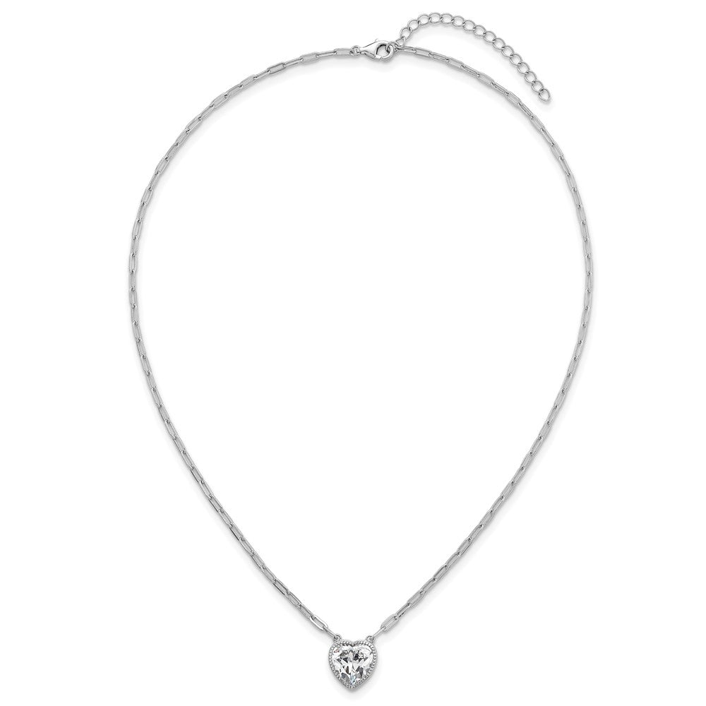SSilver RH-pl Polished CZ Paperclip Chain Heart w/1.75in Ext Necklace