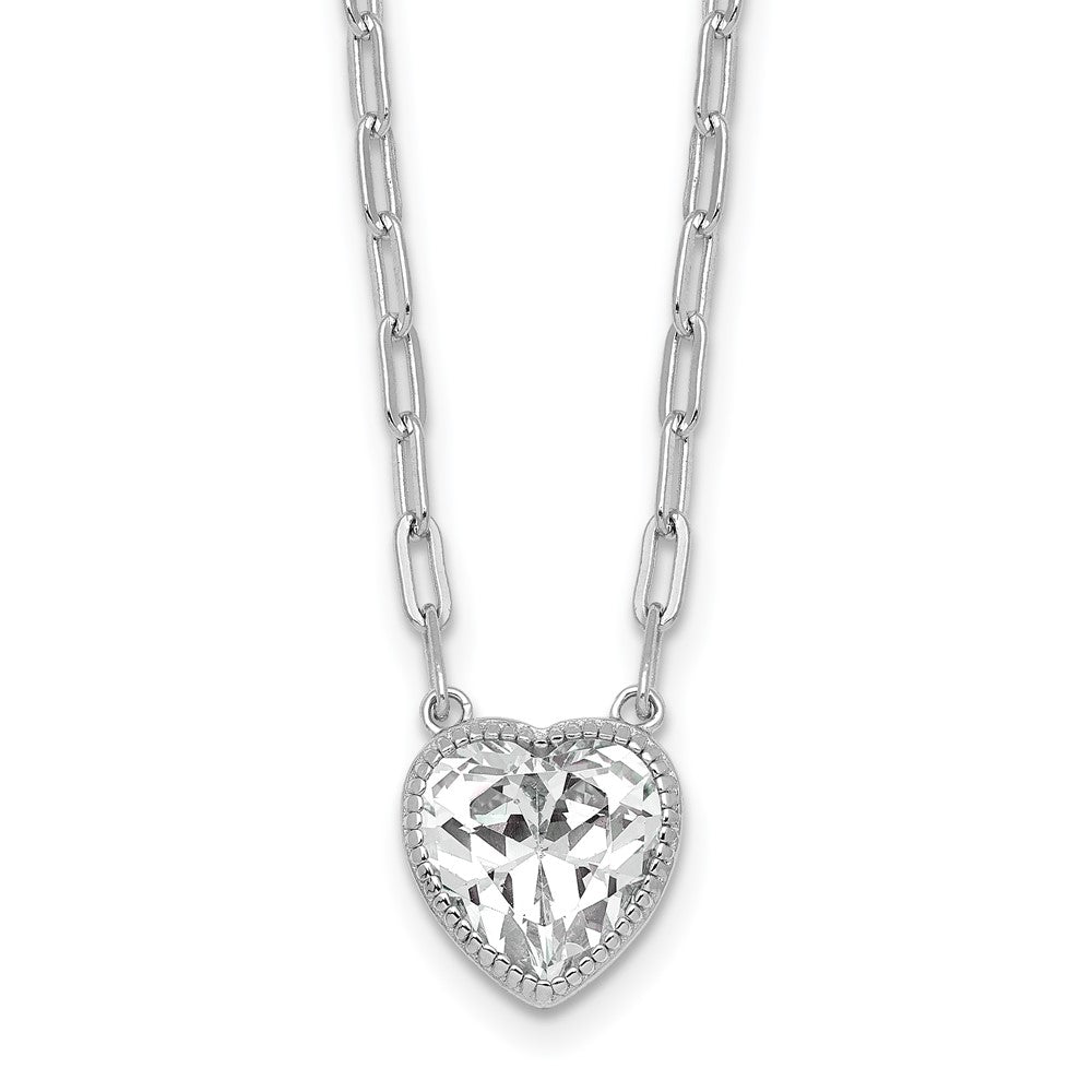 SSilver RH-pl Polished CZ Paperclip Chain Heart w/1.75in Ext Necklace