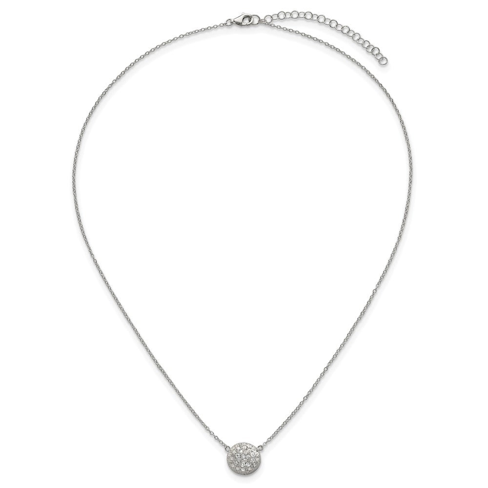 Sterling Silver Polished 11.0mm Pave CZ Circle 16in w/ 2in Ext Necklace