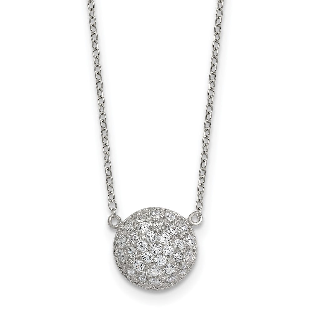 Sterling Silver Polished 11.0mm Pave CZ Circle 16in w/ 2in Ext Necklace
