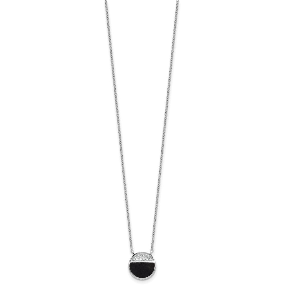 SSilver RH-pltd Polished Black Onyx CZ Circle 16in w/2in Ext Necklace