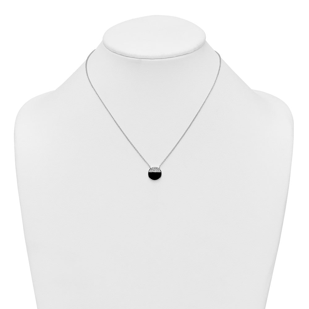 SSilver RH-pltd Polished Black Onyx CZ Circle 16in w/2in Ext Necklace