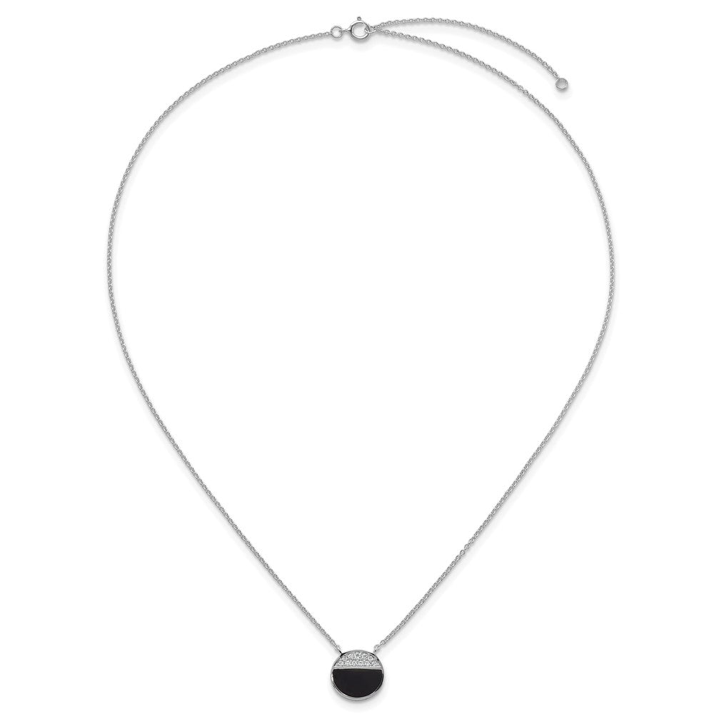 SSilver RH-pltd Polished Black Onyx CZ Circle 16in w/2in Ext Necklace
