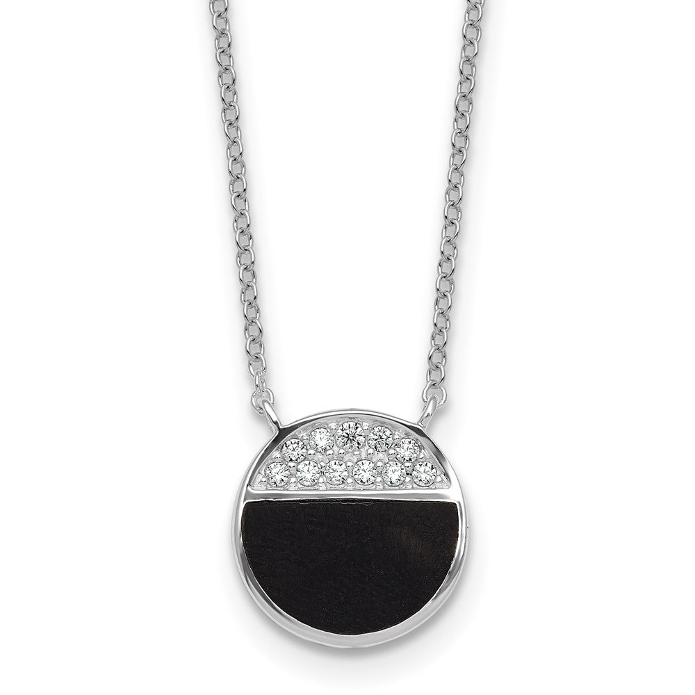 SSilver RH-pltd Polished Black Onyx CZ Circle 16in w/2in Ext Necklace