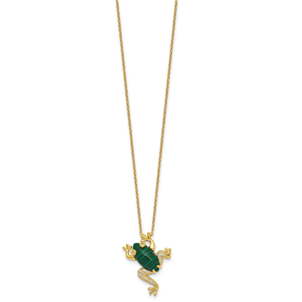 Sterling Silver Gold-tone CZ and Lab Created Malachite Frog Necklace