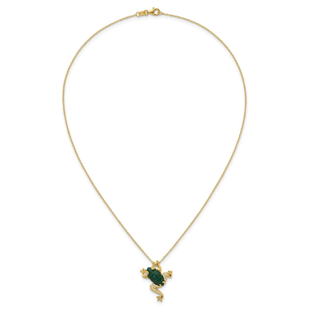 Sterling Silver Gold-tone CZ and Lab Created Malachite Frog Necklace