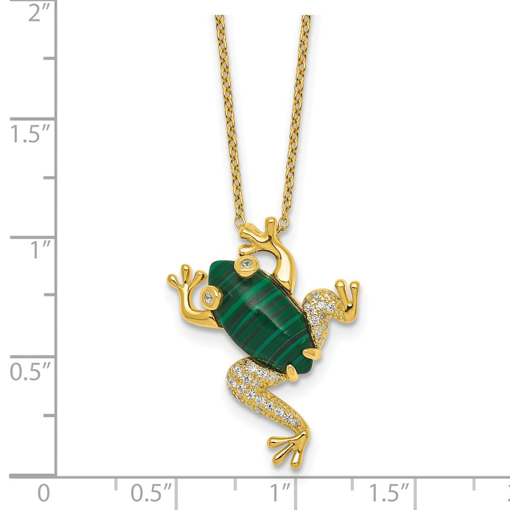 Sterling Silver Gold-tone CZ and Lab Created Malachite Frog Necklace