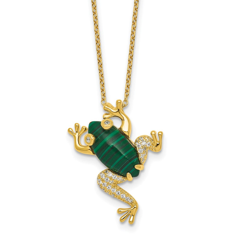 Sterling Silver Gold-tone CZ and Lab Created Malachite Frog Necklace