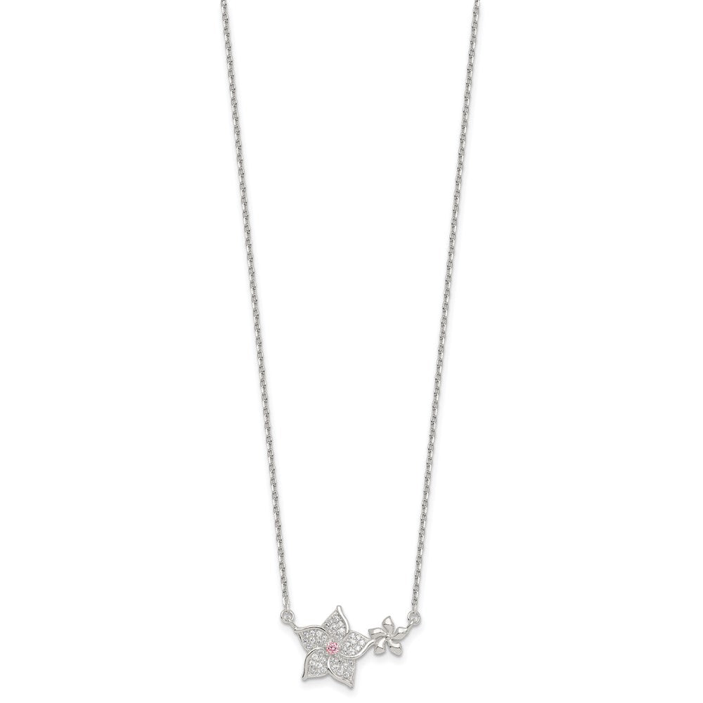 Sterling Silver Pink and White CZ Flower w/2in Ext Necklace