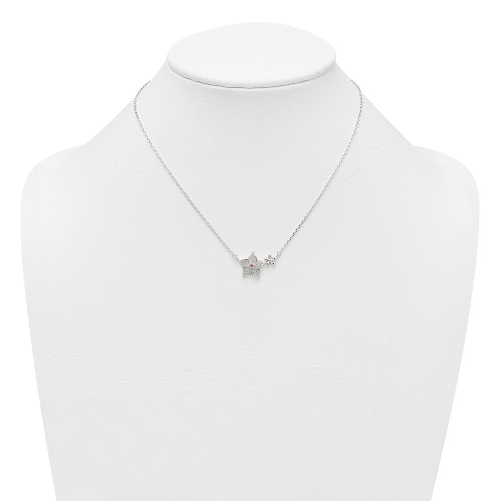 Sterling Silver Pink and White CZ Flower w/2in Ext Necklace