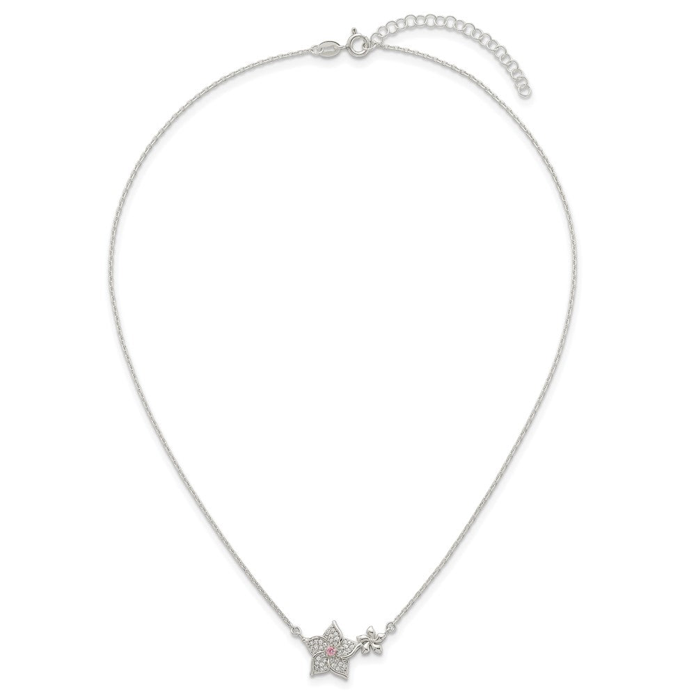 Sterling Silver Pink and White CZ Flower w/2in Ext Necklace