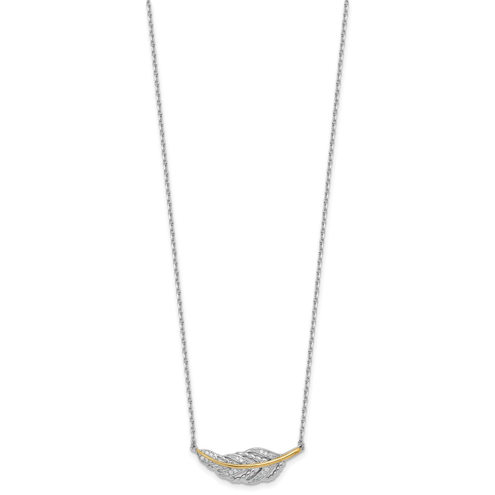 SSilver RH-pl w/14k Accent Polished CZ Feather w/2in Ext Necklace