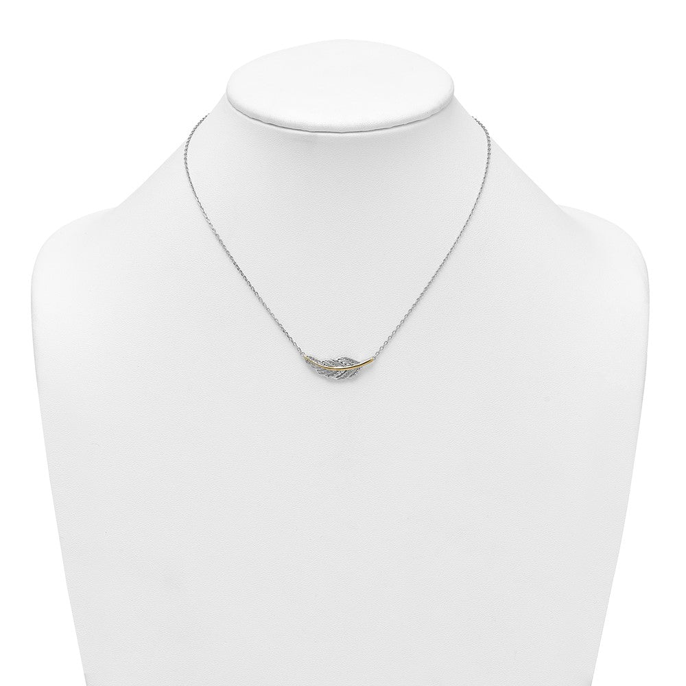 SSilver RH-pl w/14k Accent Polished CZ Feather w/2in Ext Necklace