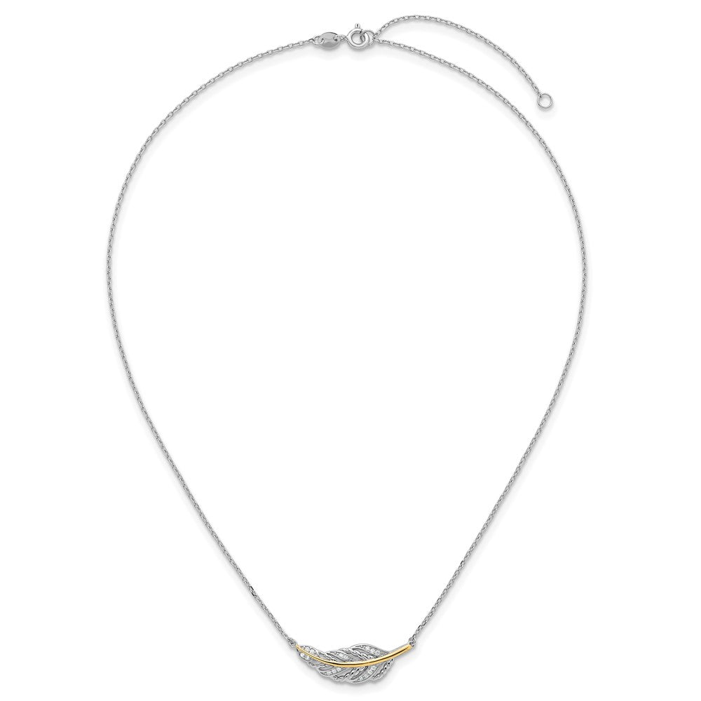 SSilver RH-pl w/14k Accent Polished CZ Feather w/2in Ext Necklace
