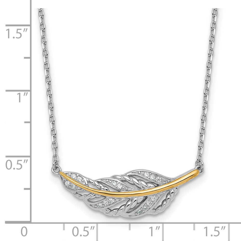 SSilver RH-pl w/14k Accent Polished CZ Feather w/2in Ext Necklace