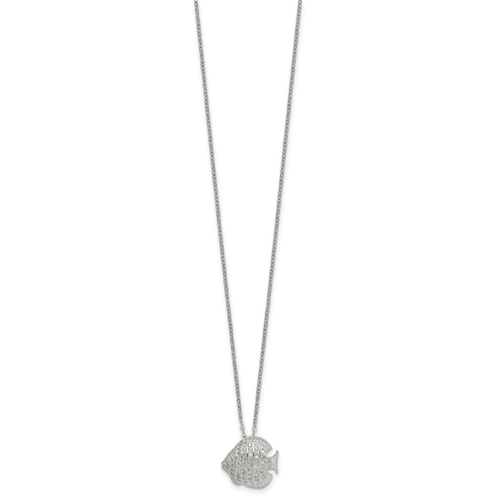 Sterling Silver Polished CZ Fish 16in w/ 2in Ext Necklace