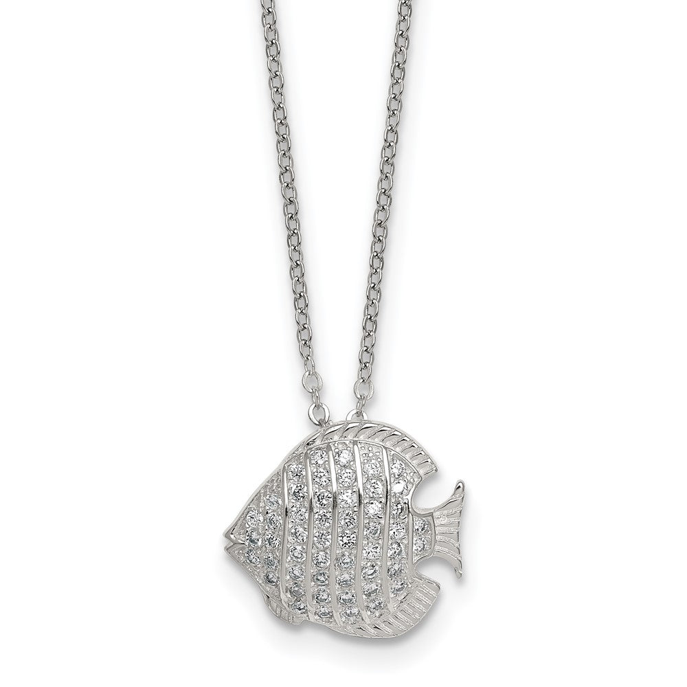 Sterling Silver Polished CZ Fish 16in w/ 2in Ext Necklace