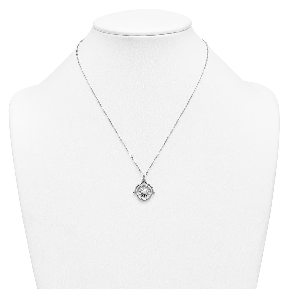 Sterling Silver RH-plated Sun Moon and Star Spin Pendant 18in Necklace