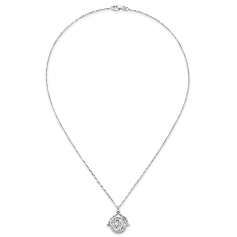Sterling Silver RH-plated Sun Moon and Star Spin Pendant 18in Necklace