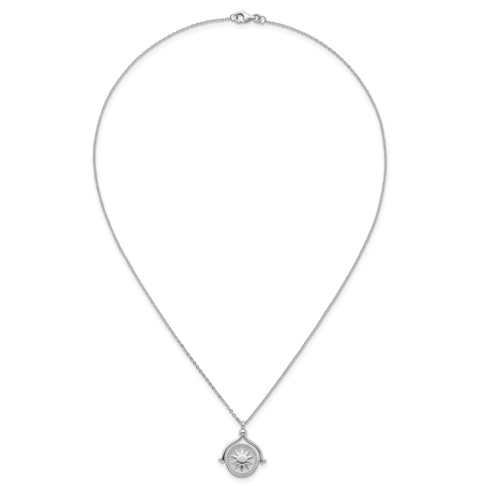 Sterling Silver RH-plated Sun Moon and Star Spin Pendant 18in Necklace