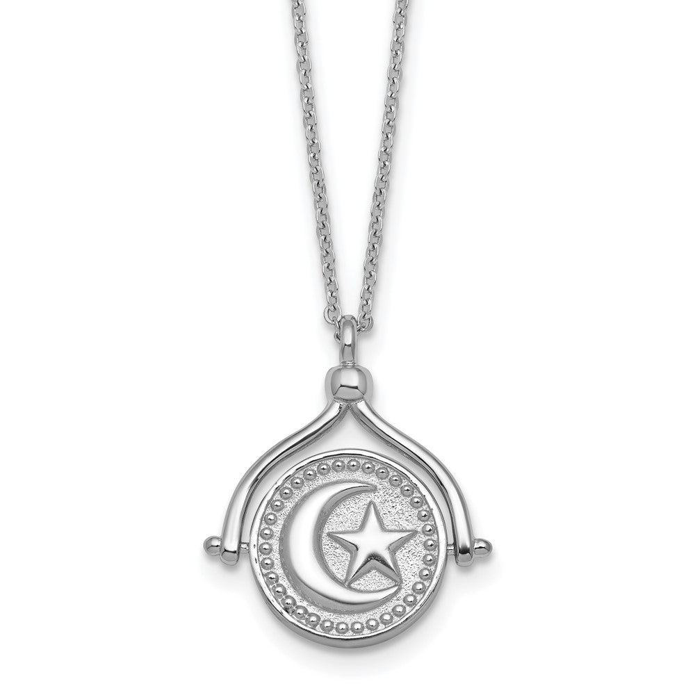 Sterling Silver RH-plated Sun Moon and Star Spin Pendant 18in Necklace