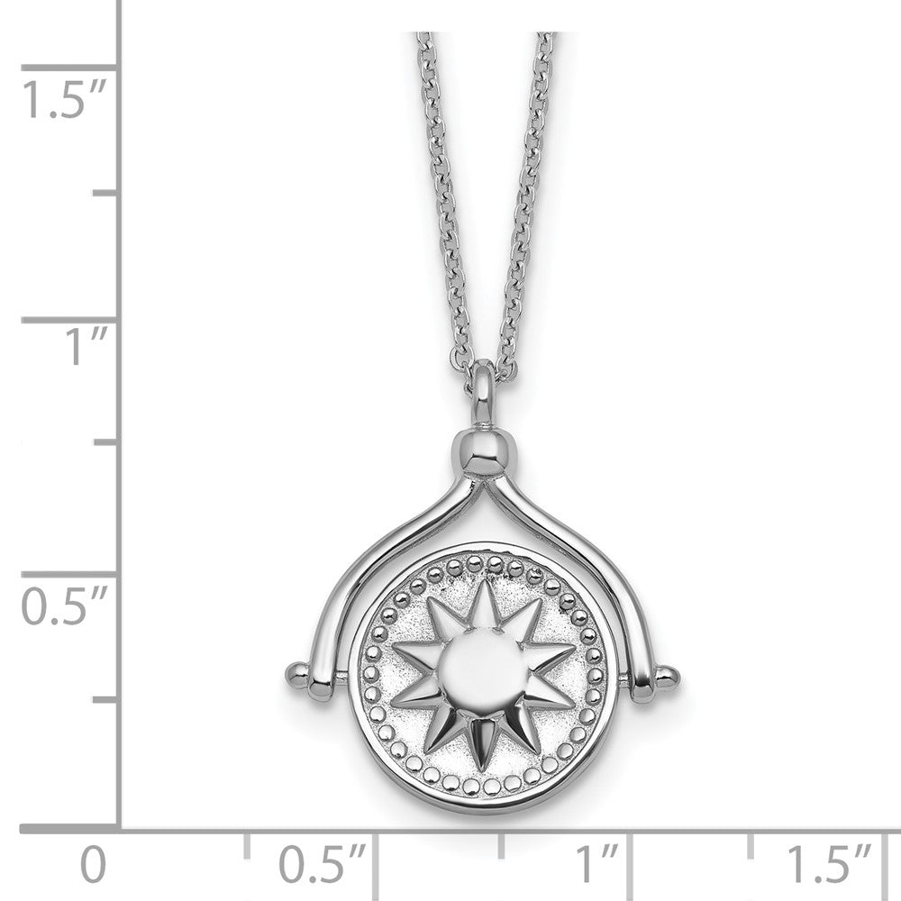 Sterling Silver RH-plated Sun Moon and Star Spin Pendant 18in Necklace