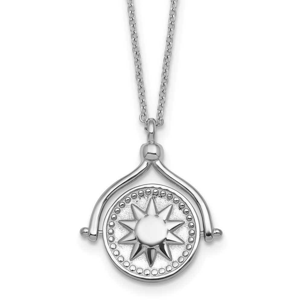 Sterling Silver RH-plated Sun Moon and Star Spin Pendant 18in Necklace