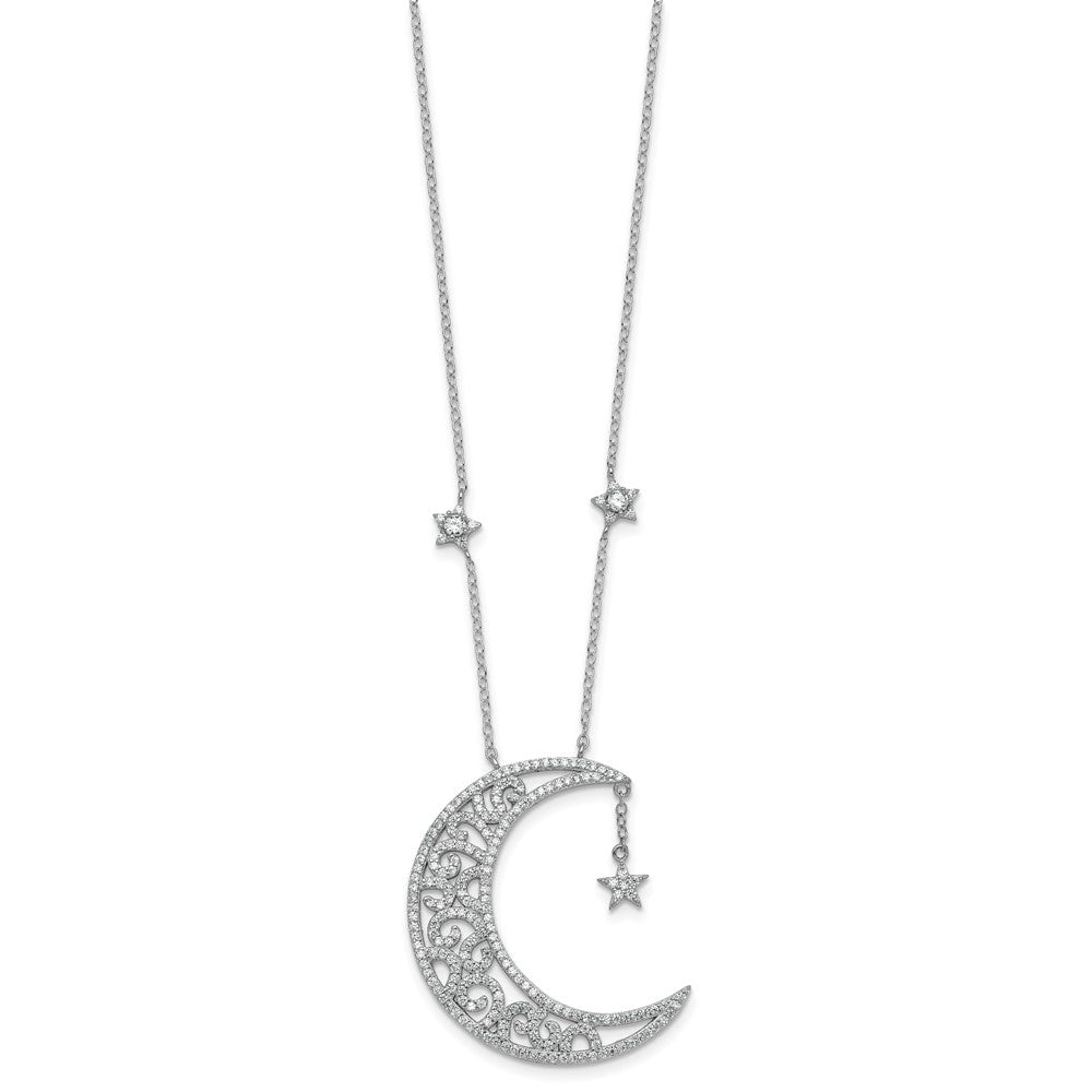 Sterling Silver RH-plated Polished CZ Moon and Stars 18in Necklace