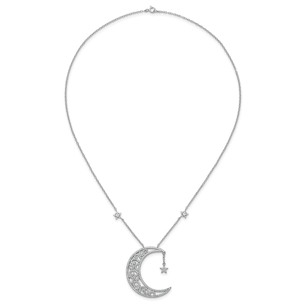 Sterling Silver RH-plated Polished CZ Moon and Stars 18in Necklace