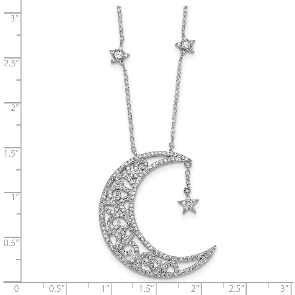 Sterling Silver RH-plated Polished CZ Moon and Stars 18in Necklace