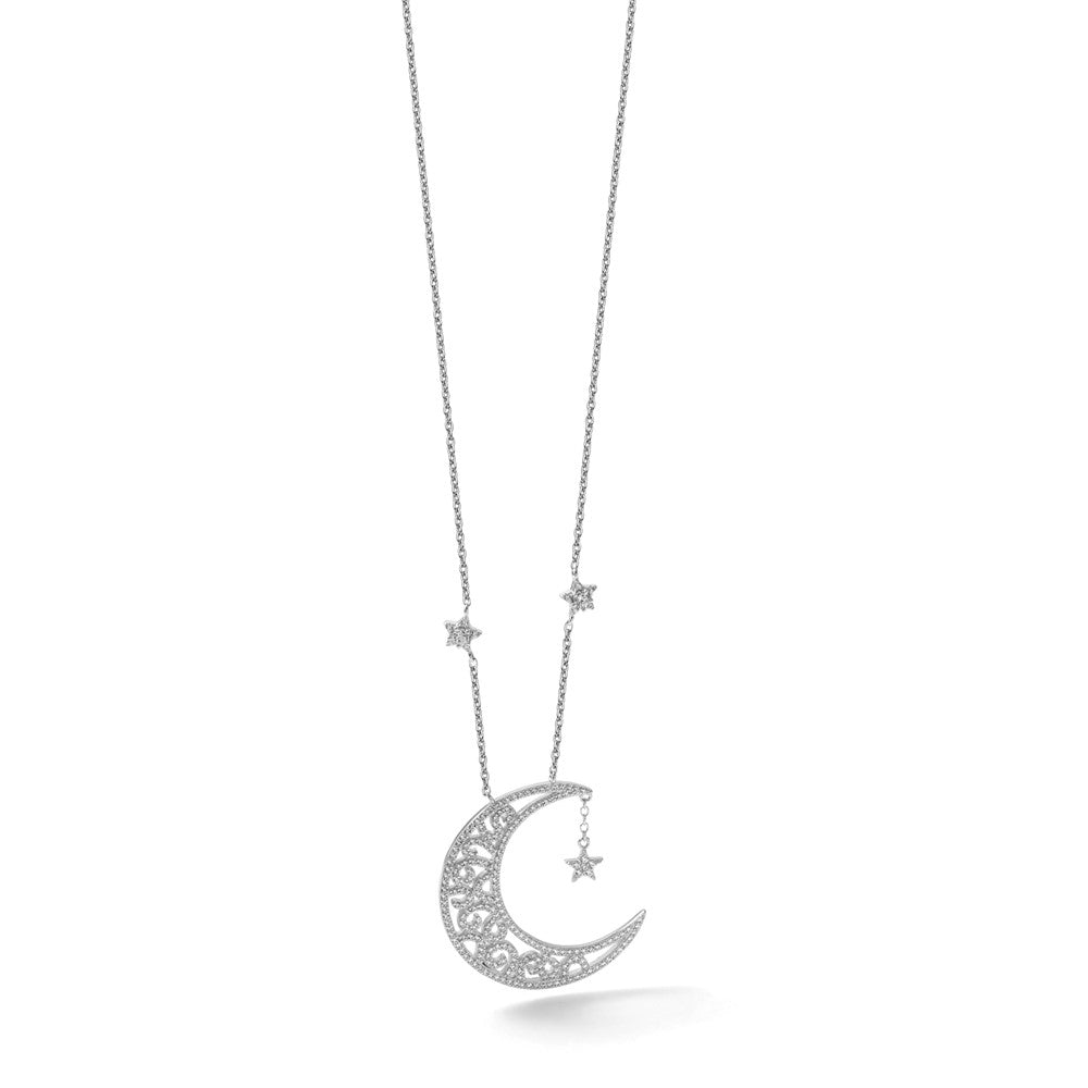 Sterling Silver RH-plated Polished CZ Moon and Stars 18in Necklace