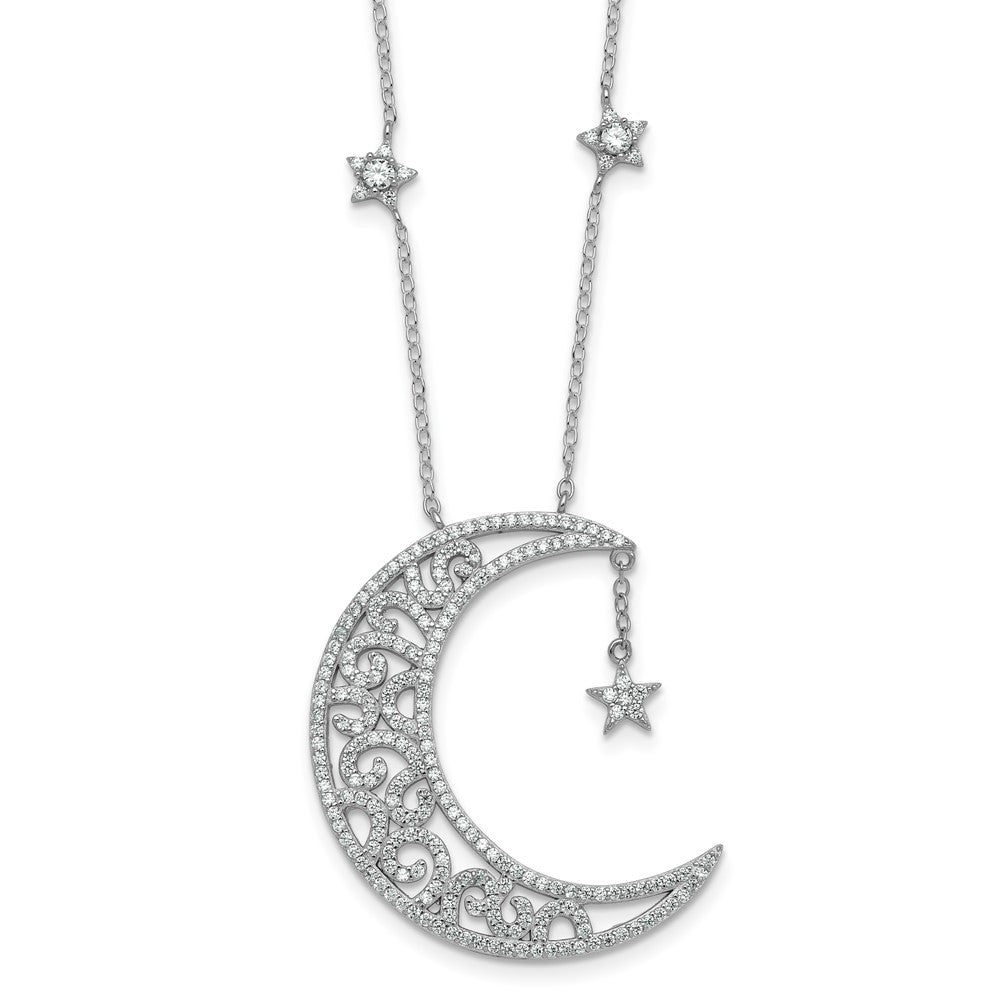Sterling Silver RH-plated Polished CZ Moon and Stars 18in Necklace
