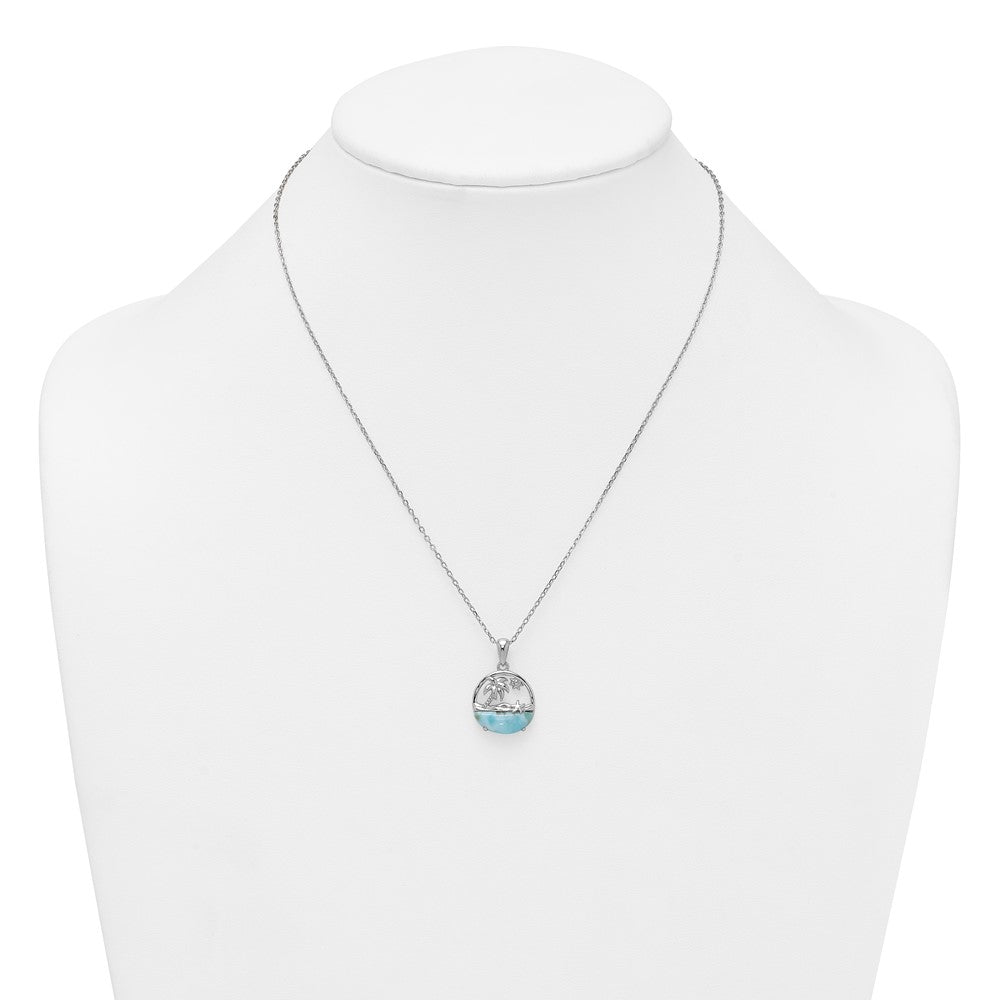 Sterling Silver RH-pltd Larimar Beach Scene 16in w/1.75in Ext Necklace