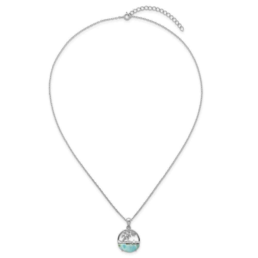 Sterling Silver RH-pltd Larimar Beach Scene 16in w/1.75in Ext Necklace