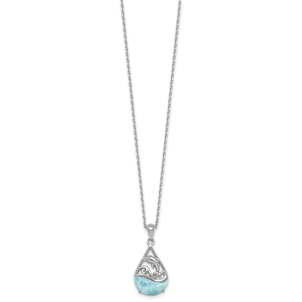 Sterling Silver RH-plated Larimar Dolphin Teardrop 16in w/2in Ext Necklace